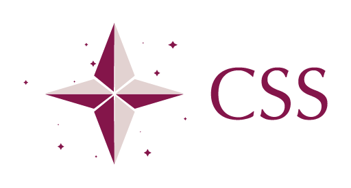 Logo Centrum Studiów nad Bezpieczeństwem UEK - Skrót anglojęzyczny CSS oraz Po lewej stronie widoczny jest stylizowany symbol przypominający czteroramienną gwiazdę lub kompas. Każde z czterech ramion ma kształt wydłużonego rombu i jest podzielone na dwie części w różnych odcieniach różu i jasnego beżu, co nadaje mu lekko trójwymiarowy efekt. Wokół symbolu rozsiane są drobne, błyszczące punkty przypominające iskry lub gwiazdki.