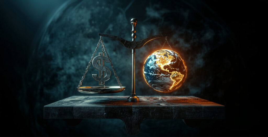 Waga symbolizująca równowagę ekonomiczną: po jednej stronie znak dolara, po drugiej podświetlona kula ziemska, na tle ciemnej przestrzeni.