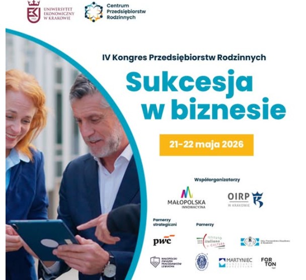 Obraz zawiera tytuł kongresu i loga partnerów oraz z lewej strony obrazek dwie osoby patrzą w tablet, widać że dyskutują nad problemem