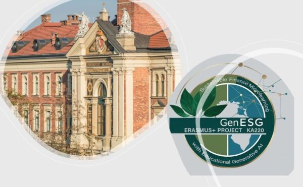 Fragment elewacji Budynku Głównego Uniwersytetu obok logo projektu GenESG