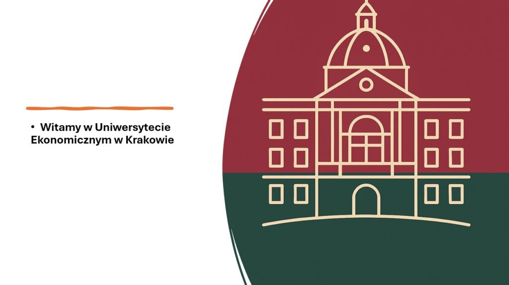 Zarys budynku Uczelni na tle bordowo-zielonej flagi - kolorów UEK, Po lewej napis witamy w Uniwersytecie Ekonomicznym w Krakowie