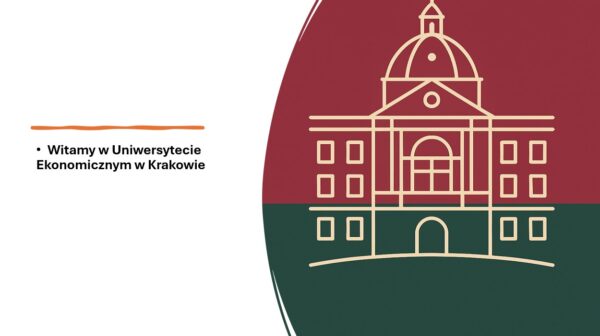Zarys budynku Uczelni na tle bordowo-zielonej flagi - kolorów UEK, Po lewej napis witamy w Uniwersytecie Ekonomicznym w Krakowie